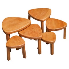 Sculptural Set of Sectional Coffee Tables in Solid Oak 1970s