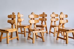 Sculptural Set of Six Brutalist Dining Chairs in Solid Oak, France, 1960s