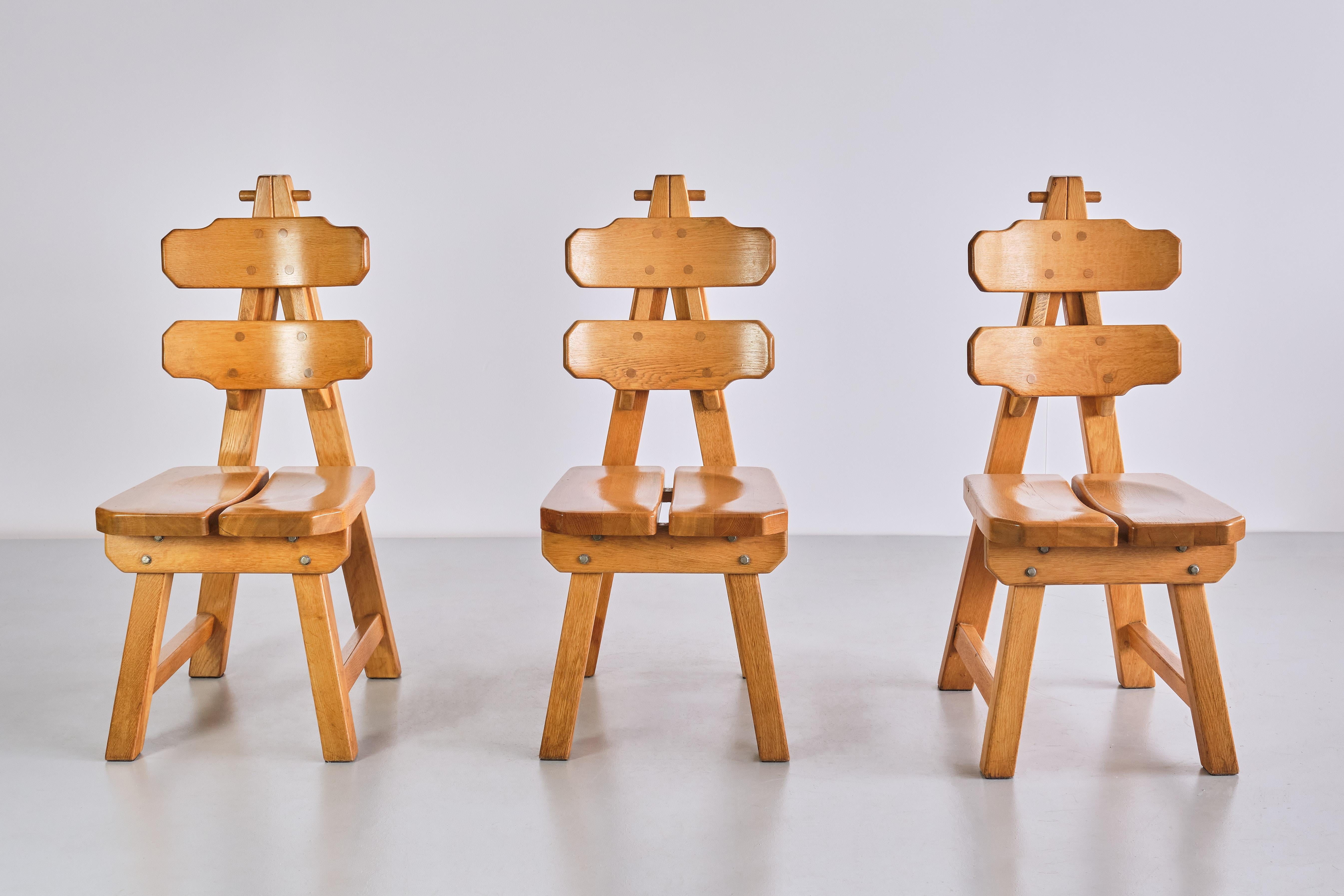 French Sculptural Set of Six Brutalist Dining Chairs in Solid Oak, France, 1960s For Sale