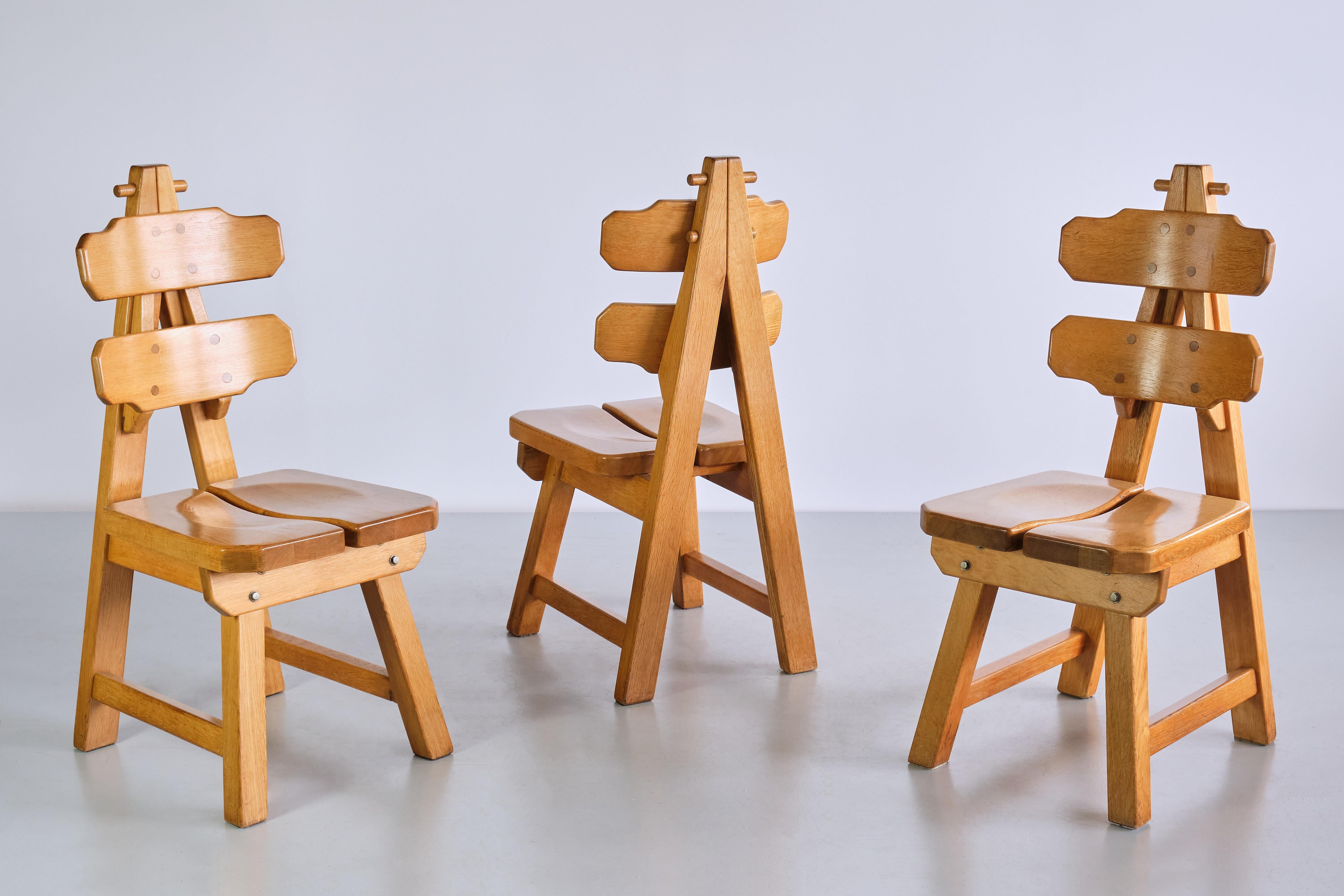 Mid-20th Century Sculptural Set of Six Brutalist Dining Chairs in Solid Oak, France, 1960s For Sale