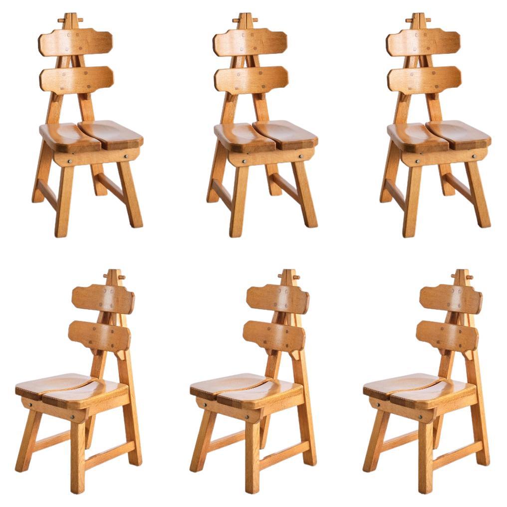 Sculptural Set of Six Brutalist Dining Chairs in Solid Oak, France, 1960s
