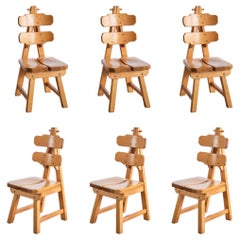 Sculptural Set of Six Brutalist Dining Chairs in Solid Oak, Spain, 1970s
