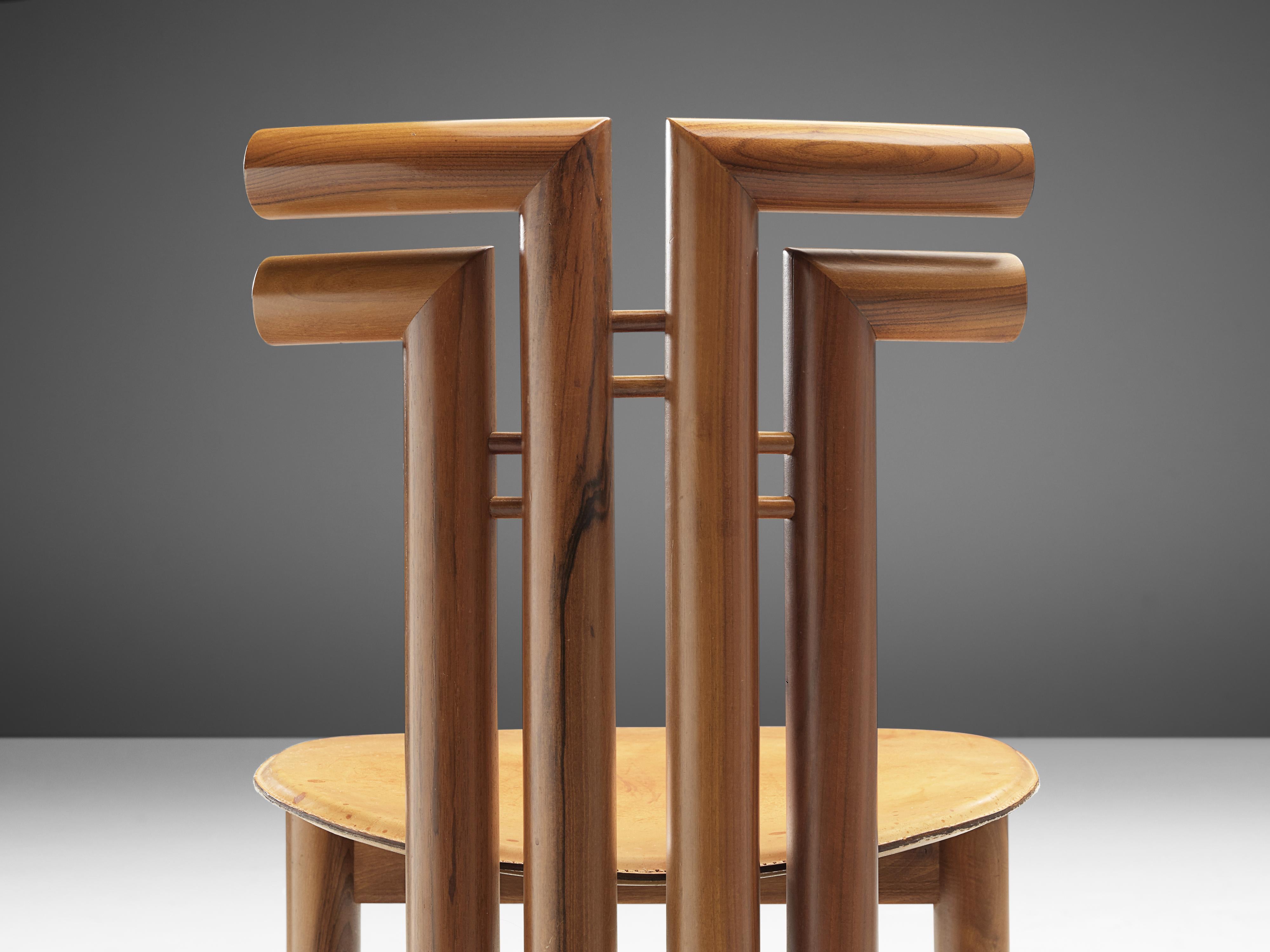 Leather Sculptural Set of Six Italian Dining Chairs in Walnut