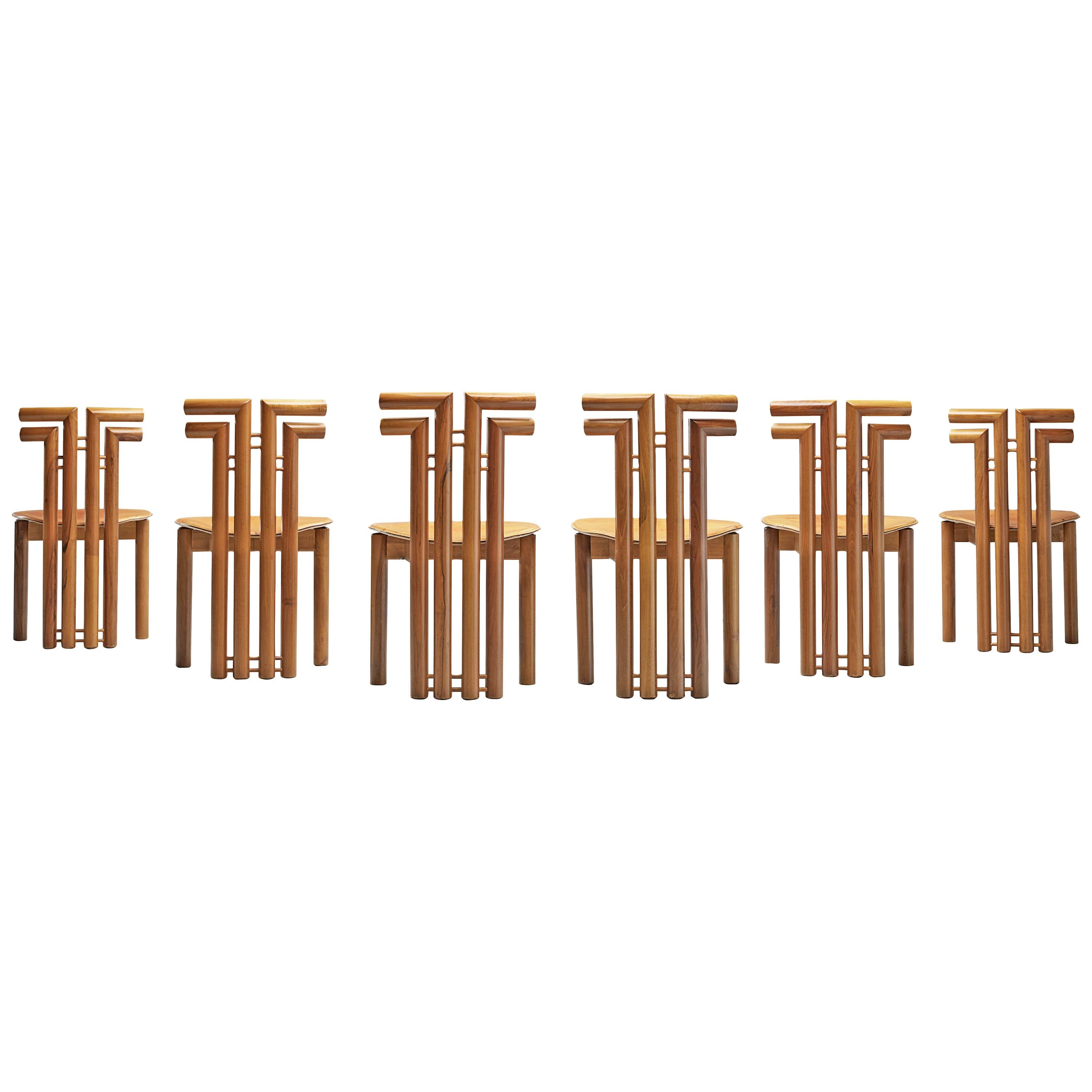 Sculptural Set of Six Italian Dining Chairs in Walnut