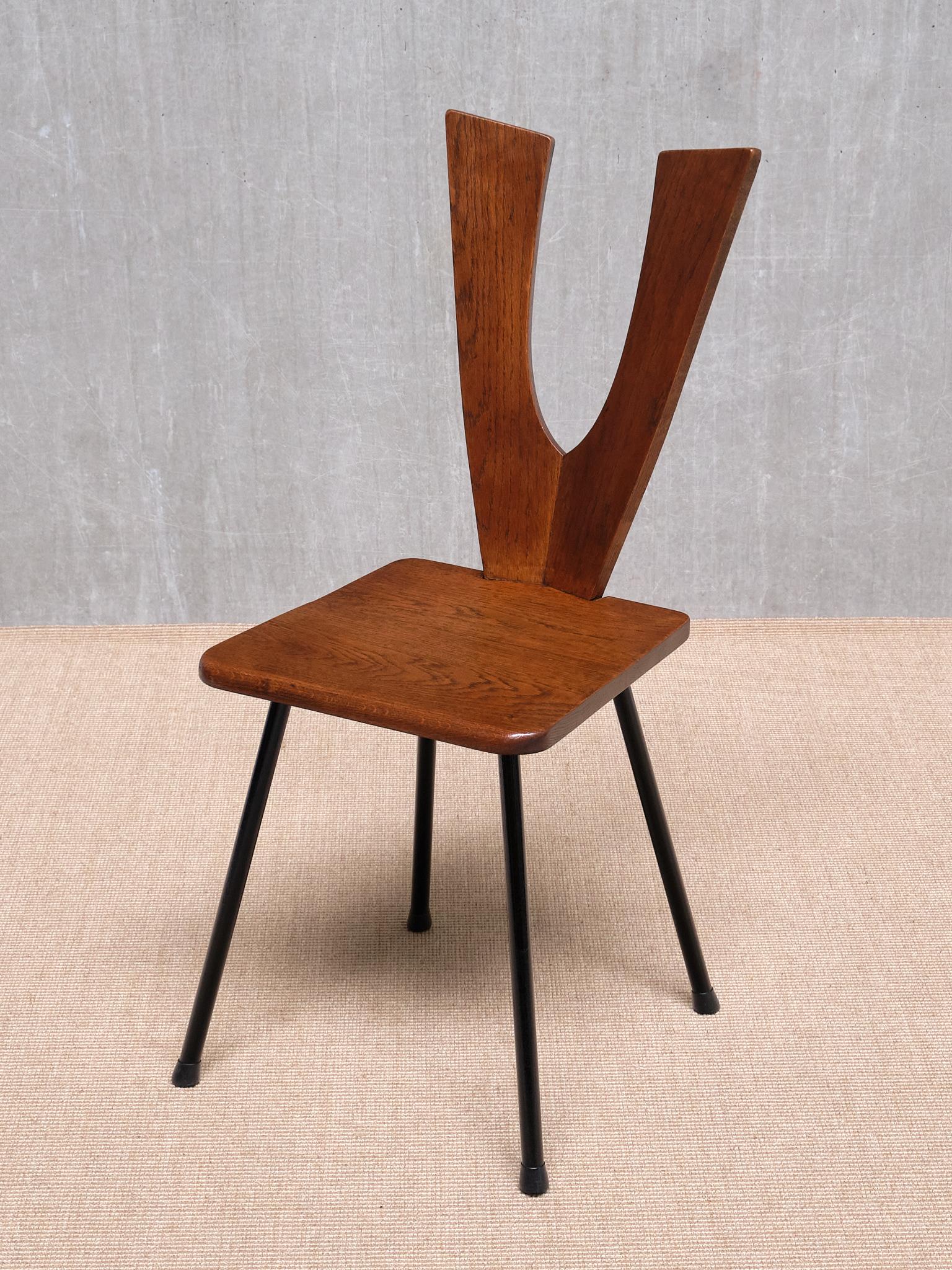 Sculptural Set of Six Winged-Back Dining Chairs in Solid Oak, France, 1950s For Sale 8