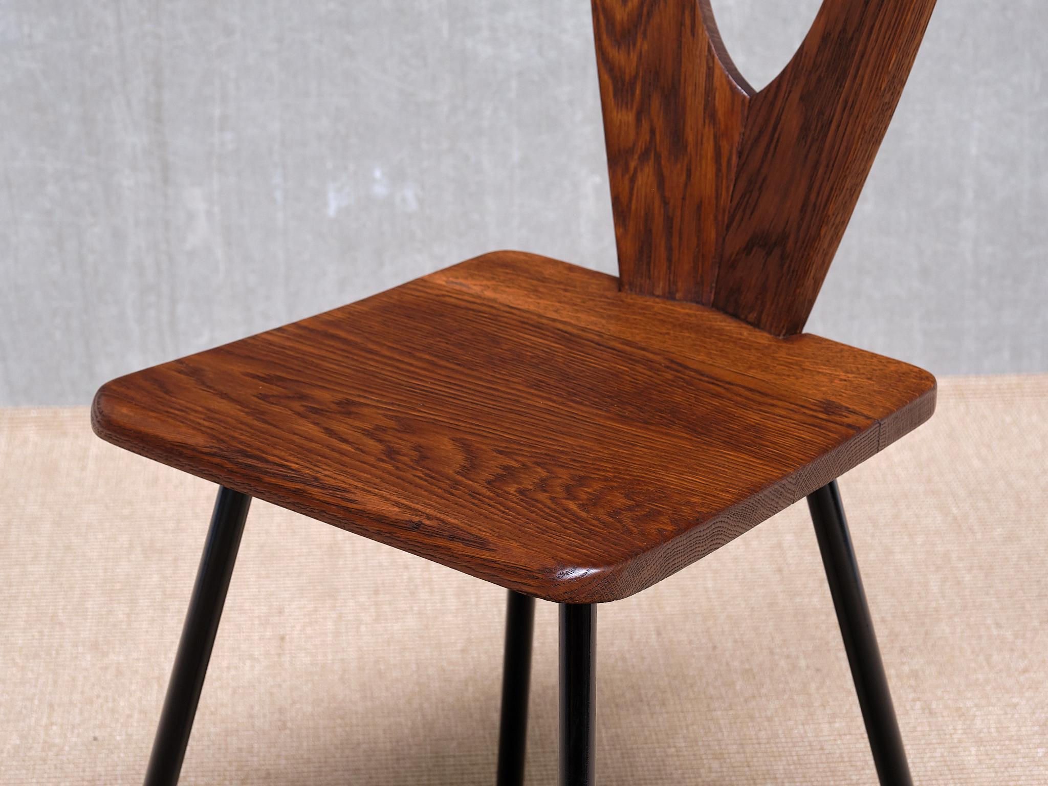 Sculptural Set of Six Winged-Back Dining Chairs in Solid Oak, France, 1950s For Sale 9