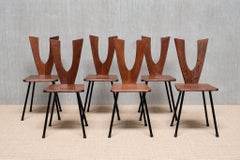 Sculptural Set of Six Winged-Back Dining Chairs in Solid Oak, France, 1950s