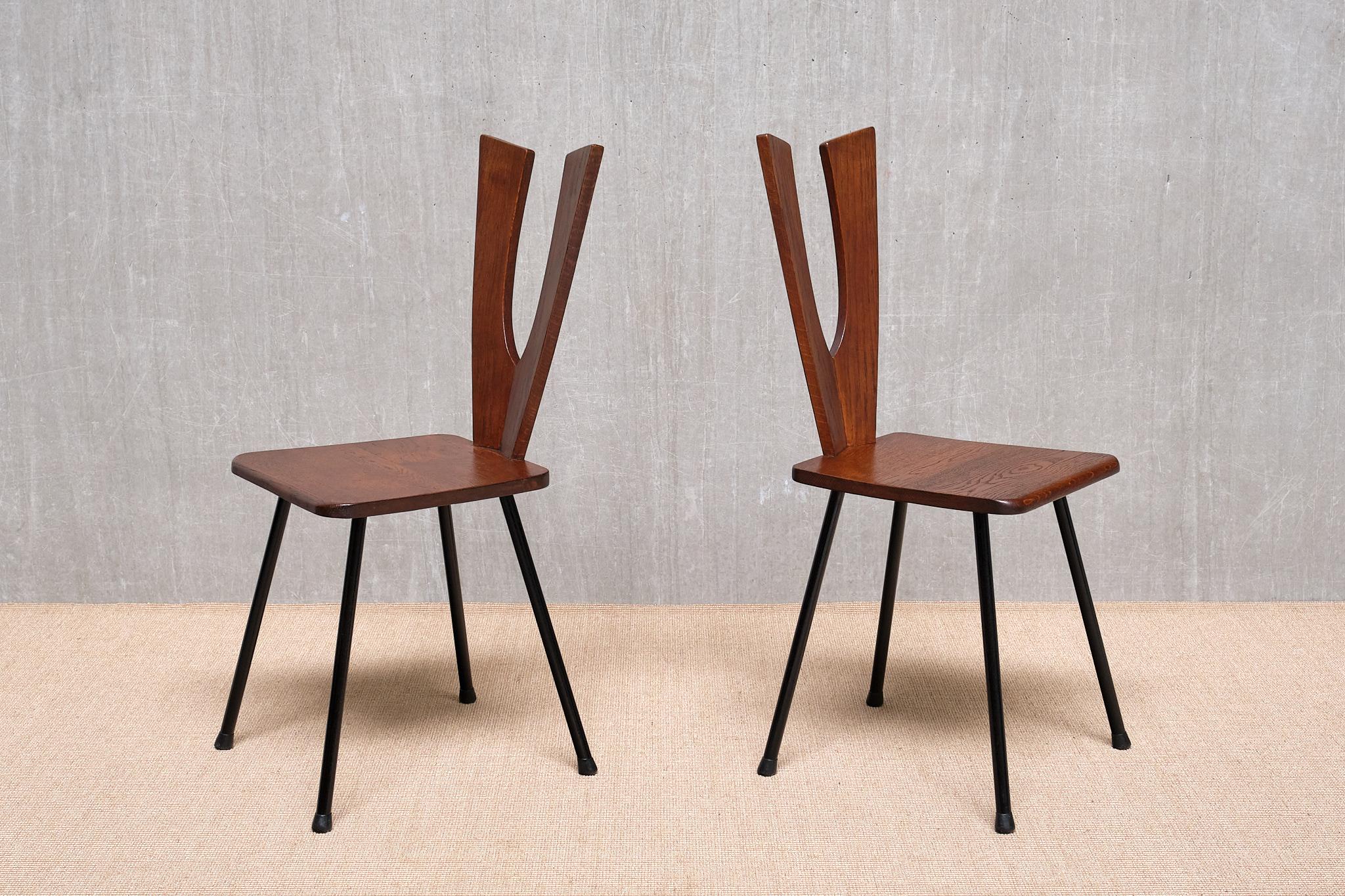 Metal Sculptural Set of Six Winged-Back Dining Chairs in Solid Oak, France, 1950s For Sale