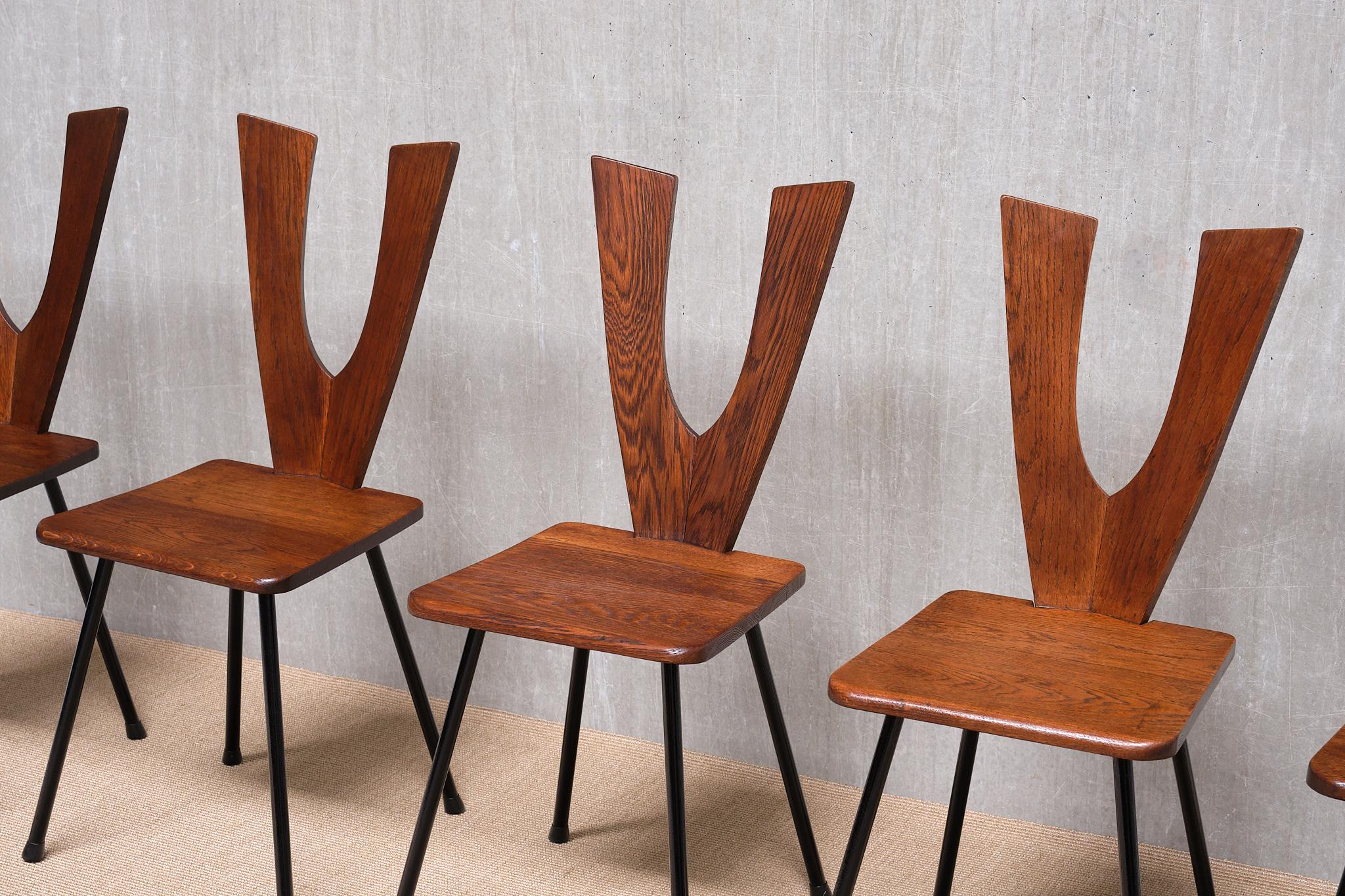 Sculptural Set of Six Winged-Back Dining Chairs in Solid Oak, France, 1950s For Sale 2