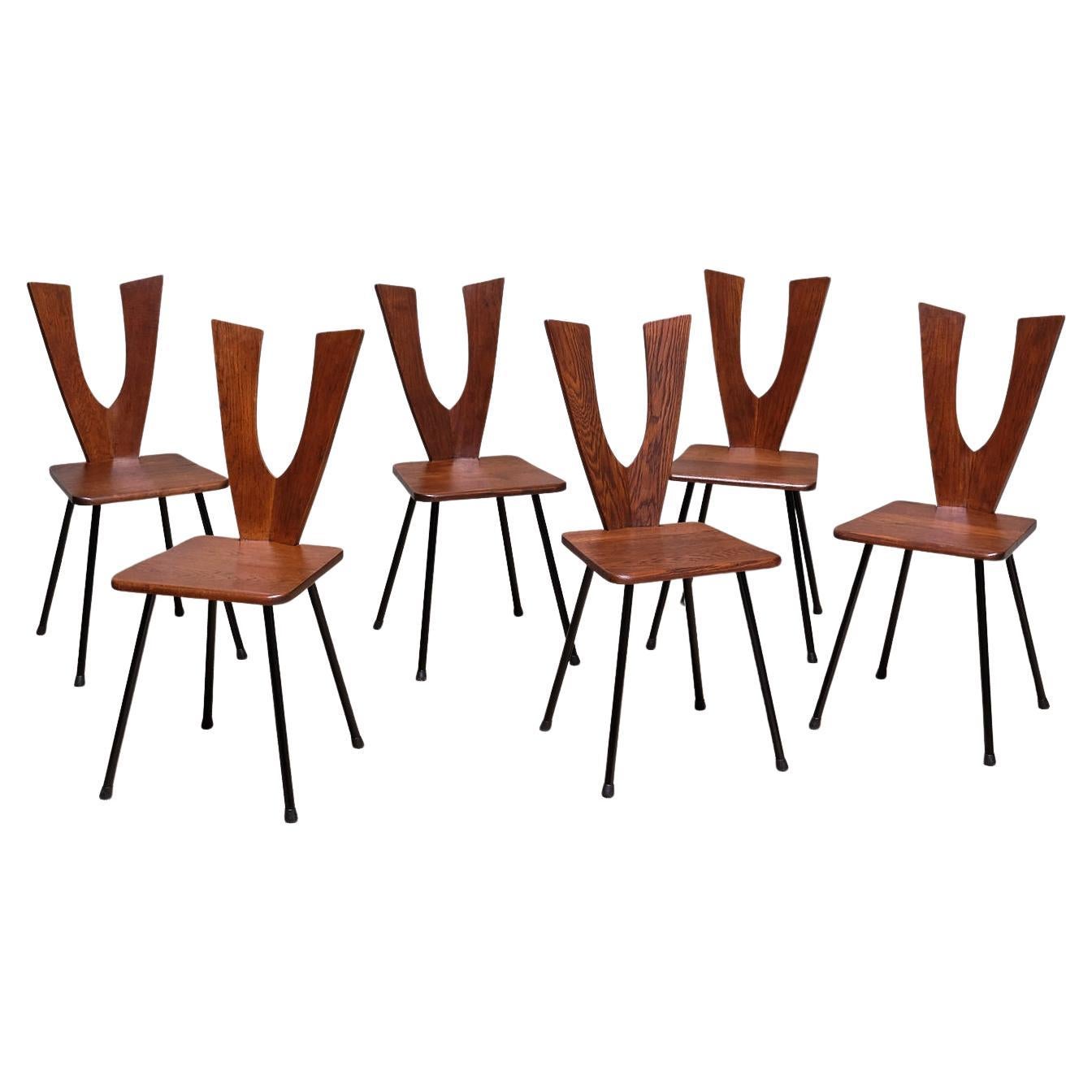 Sculptural Set of Six Winged-Back Dining Chairs in Solid Oak, France, 1950s