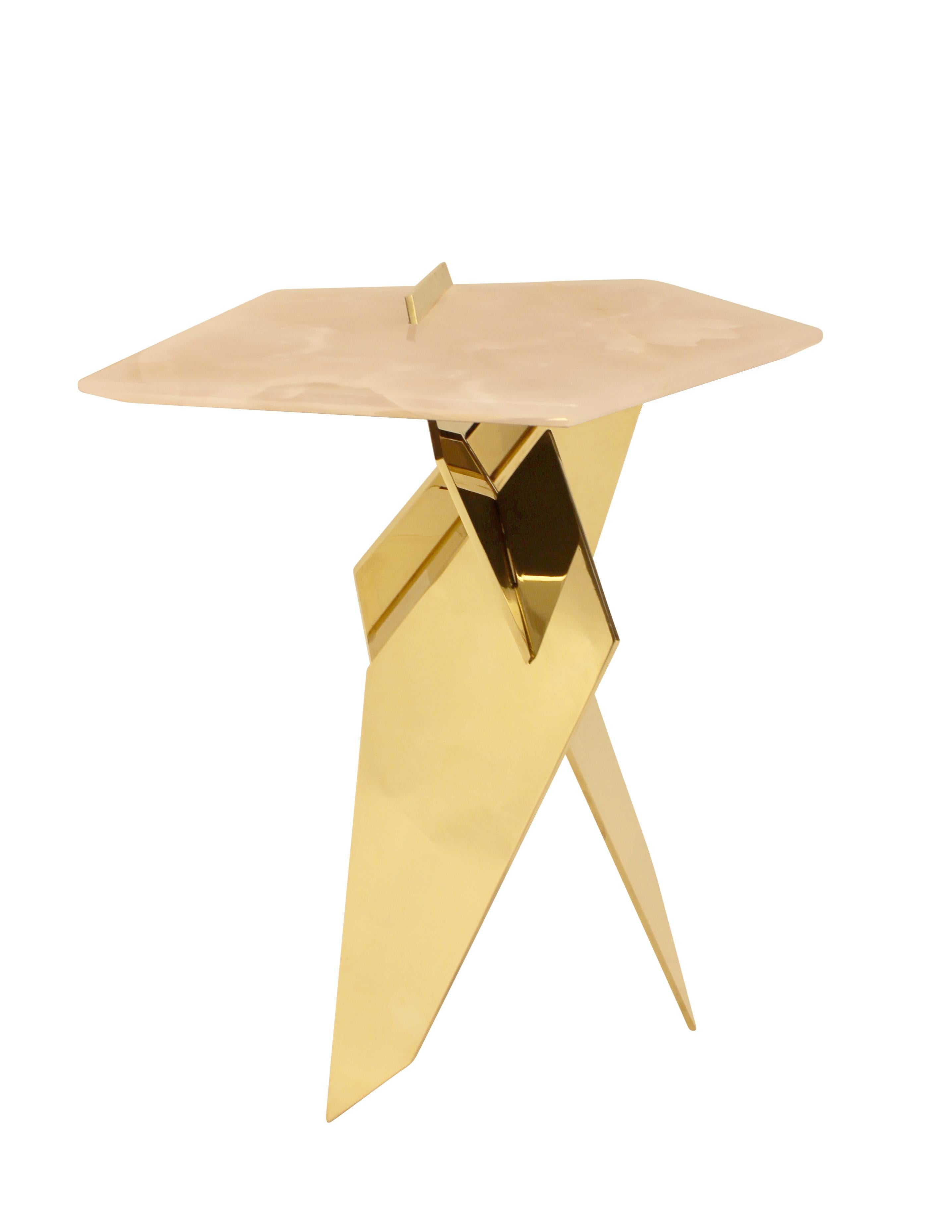 Sculptural Shard Table in Polished Bronze with Pink Onyx Top (Moderne) im Angebot