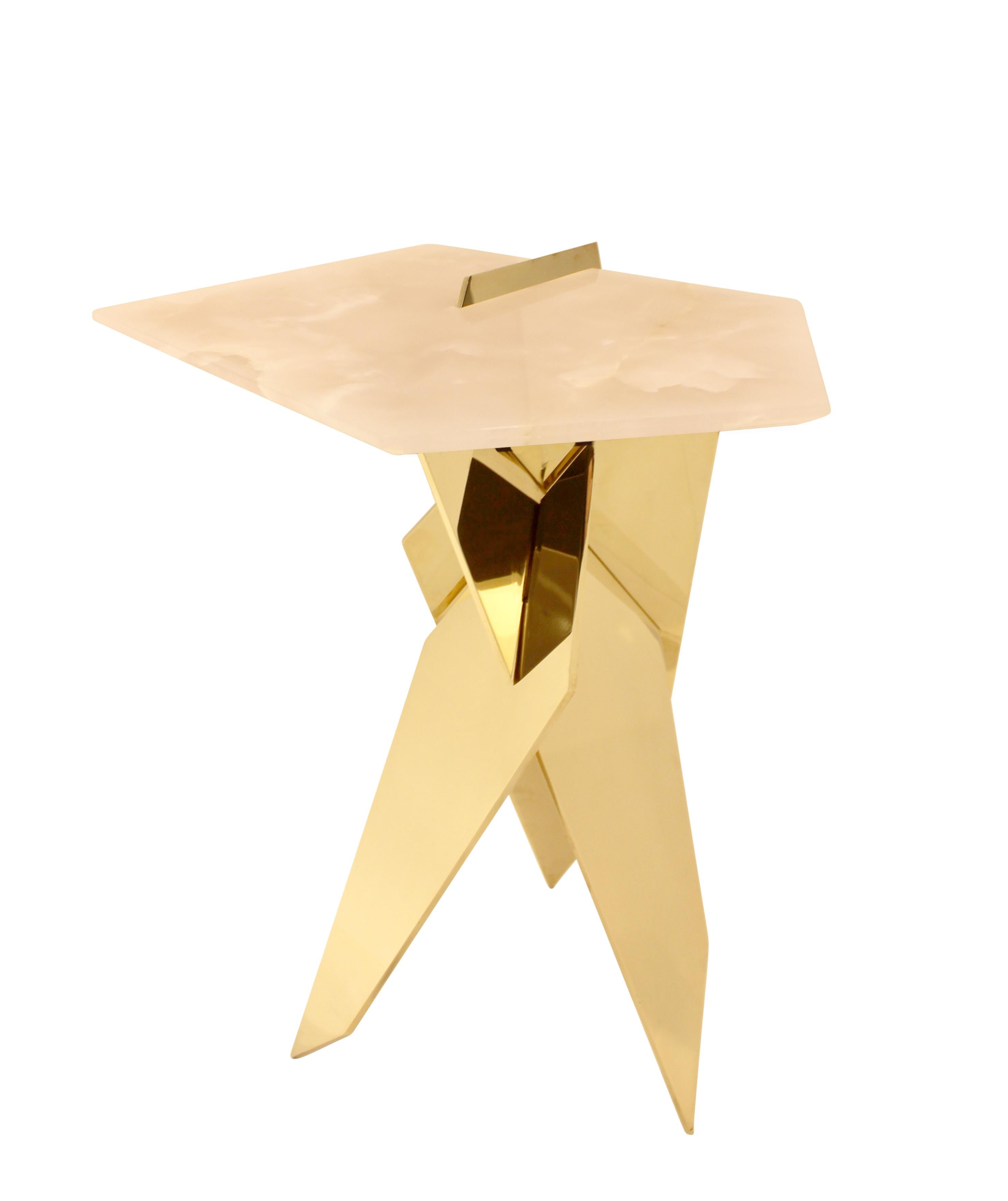 Modern Sculptural Shard Table in Polished Bronze with Pink Onyx Top For Sale