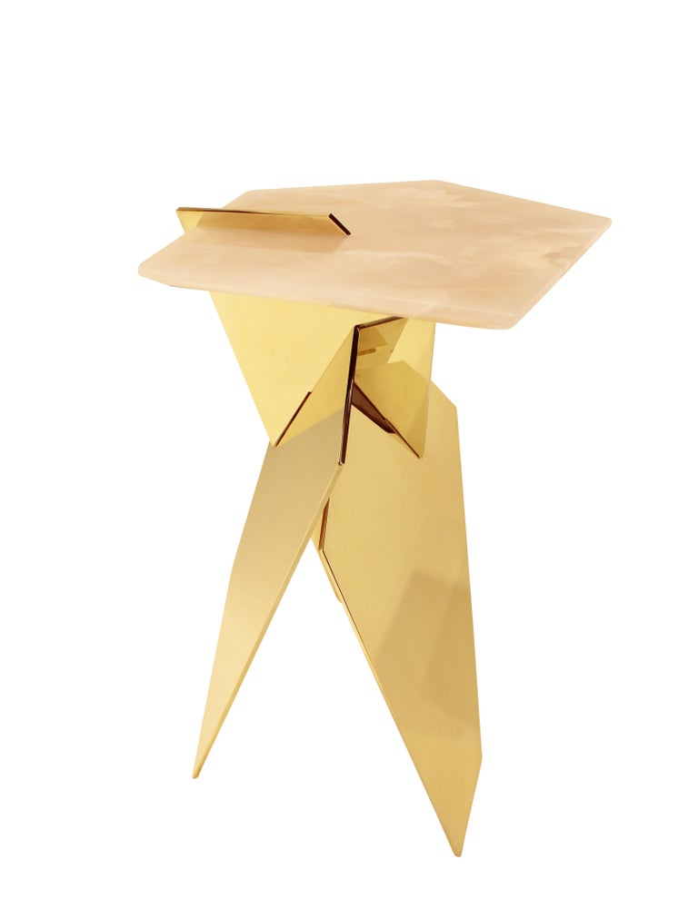 Sculptural Shard Table in Polished Bronze with Pink Onyx Top For Sale