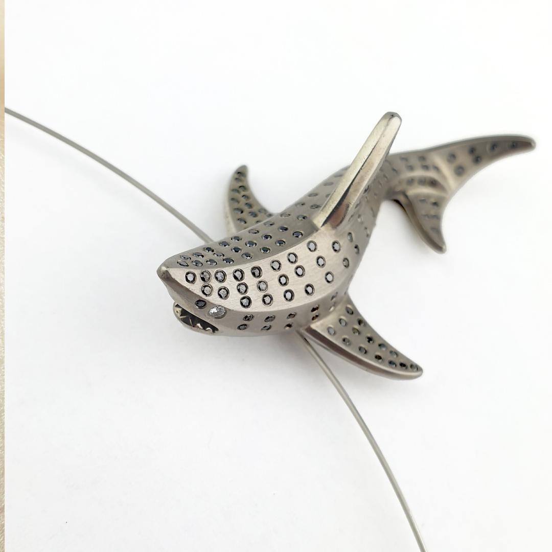 Modern Sculptural Shark Pendant, Handmade of Palladium, 194 Black & White Diamons For Sale