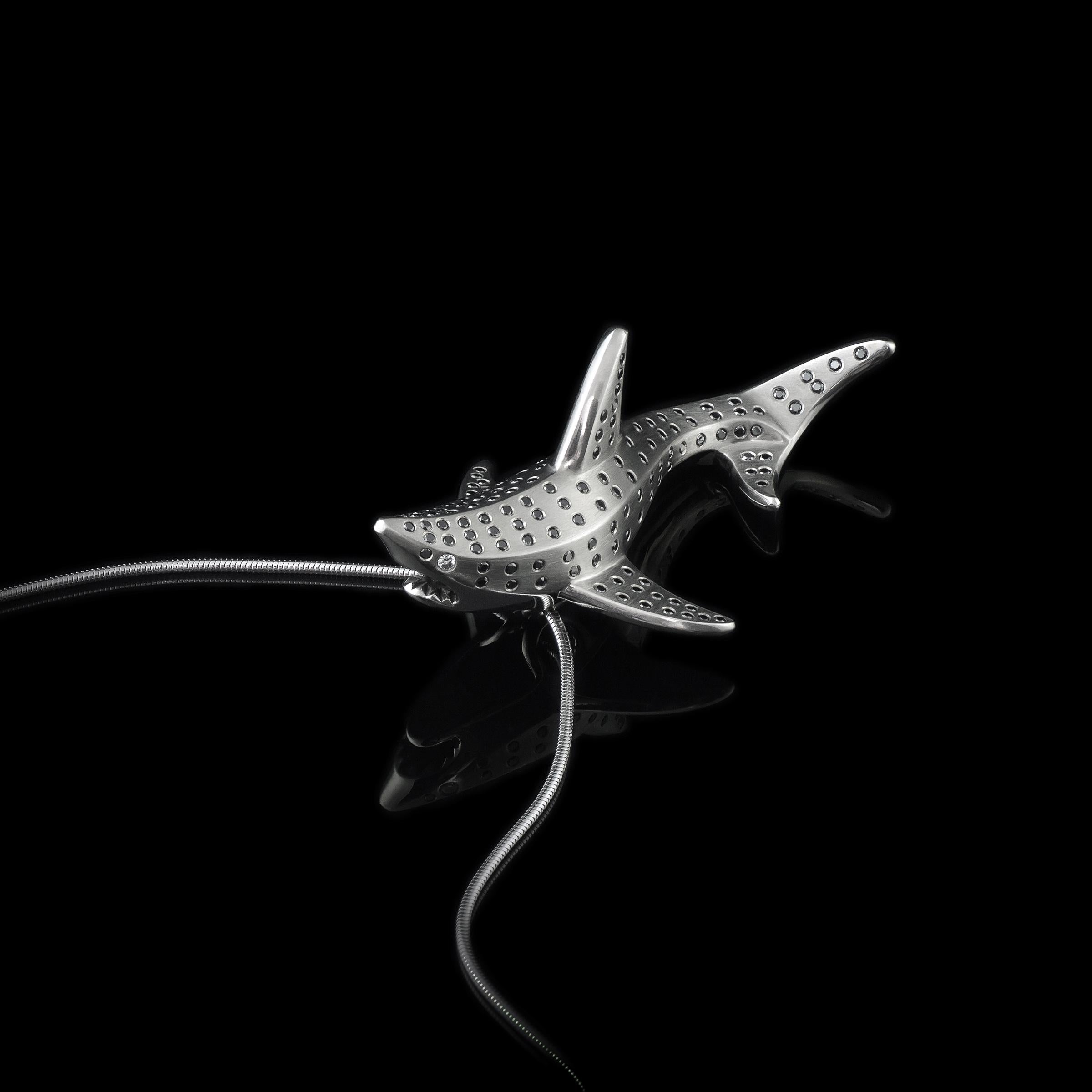 Brilliant Cut Sculptural Shark Pendant, Handmade of Palladium, 194 Black & White Diamons For Sale