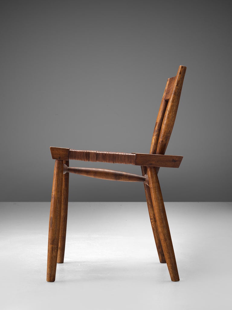 American Sculptural Side Chair with Woven Leather Seat For Sale