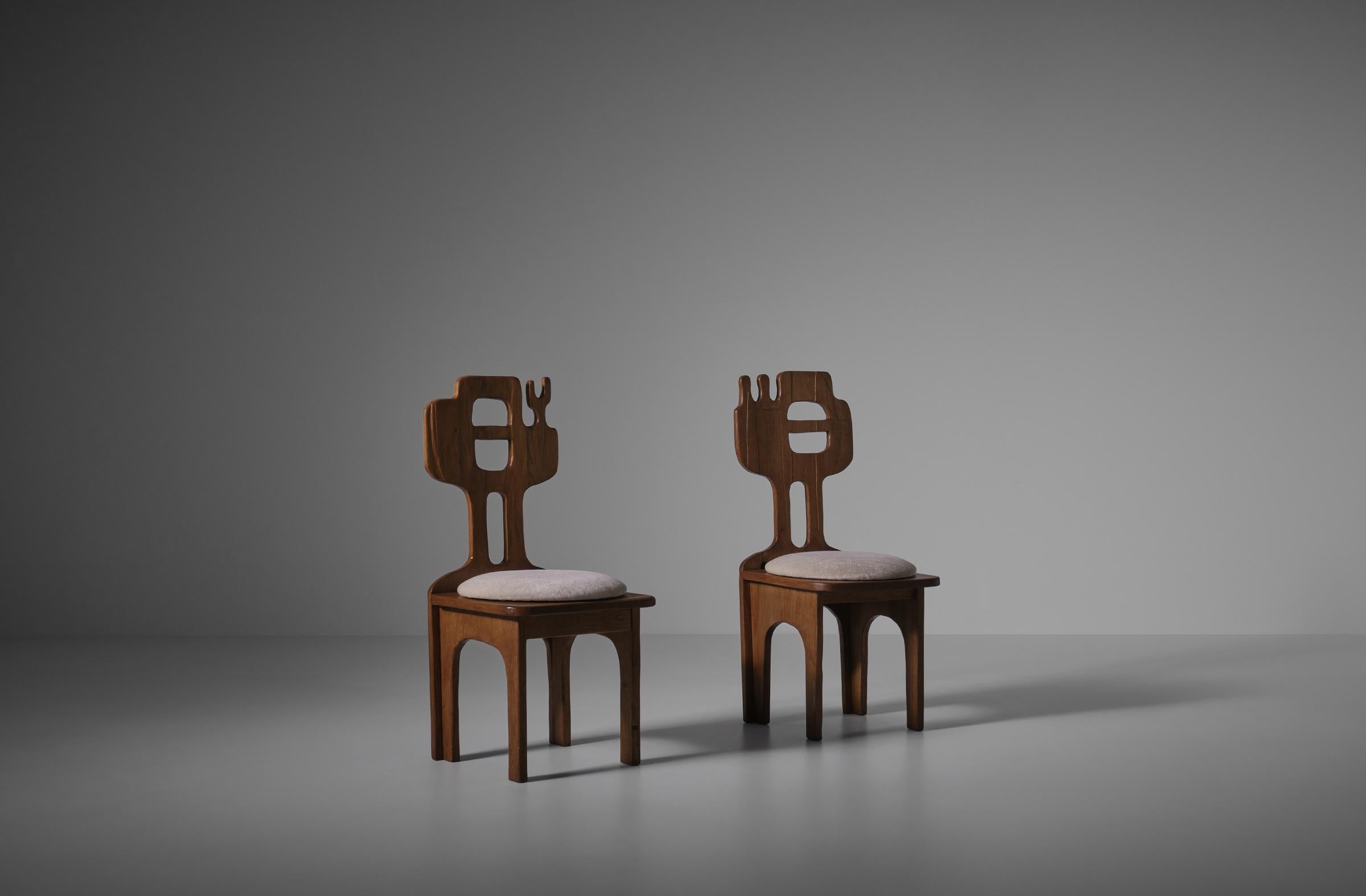 Rare set of sculptural side chairs by Francesco Pasinato (1935 – 2003), 1970s. Pasinato was born in Padua Italy and later moved to Germany. He was an autodidact and created playful sculptures in metal and wood, paintings and graphics. The chairs