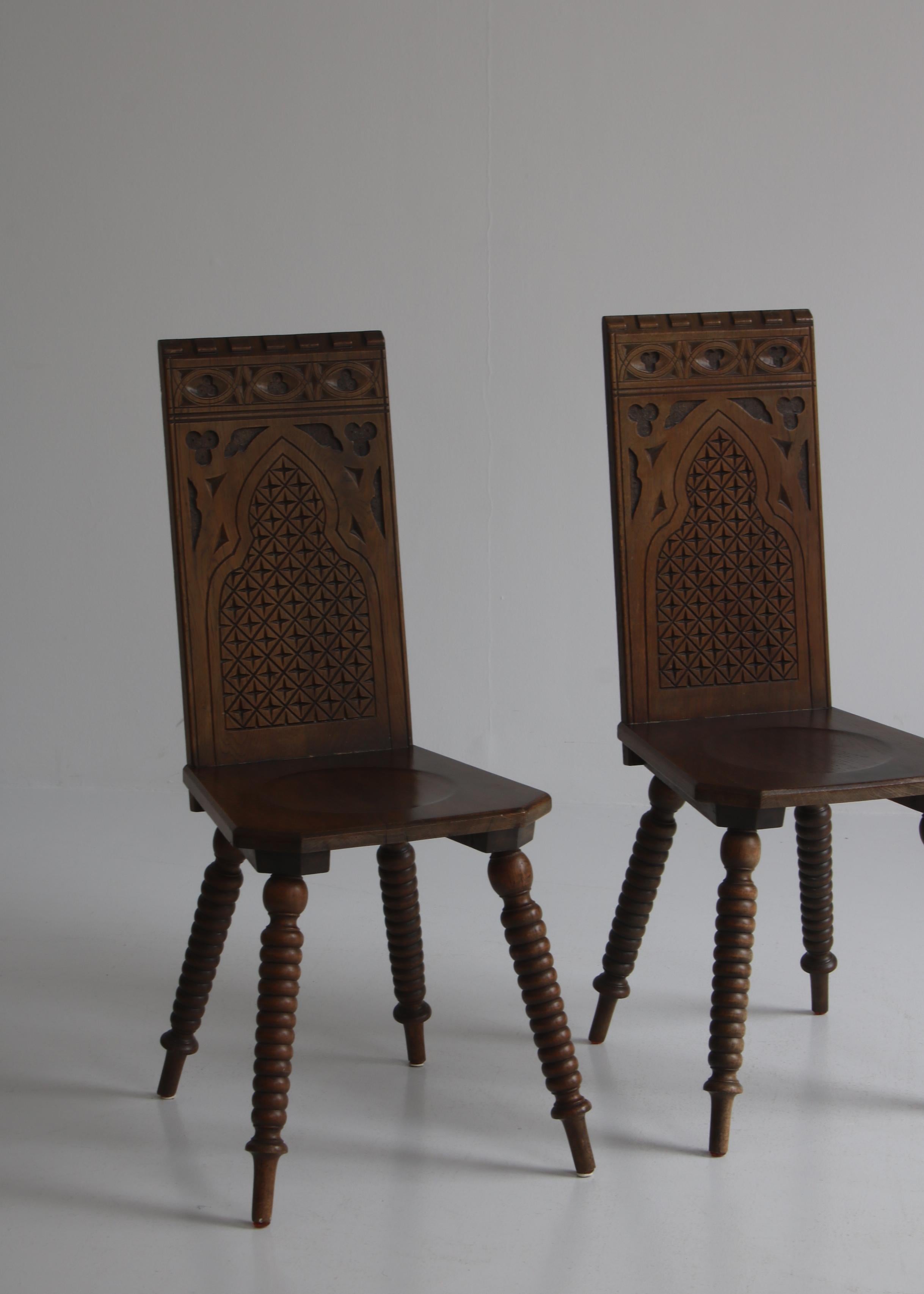 Sculptural Side Chairs in Carved Dark Stained Oak by Scandinavian Cabinetmaker For Sale 5