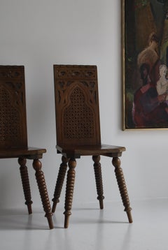Sculptural Side Chairs in Carved Dark Stained Oak by Scandinavian Cabinetmaker