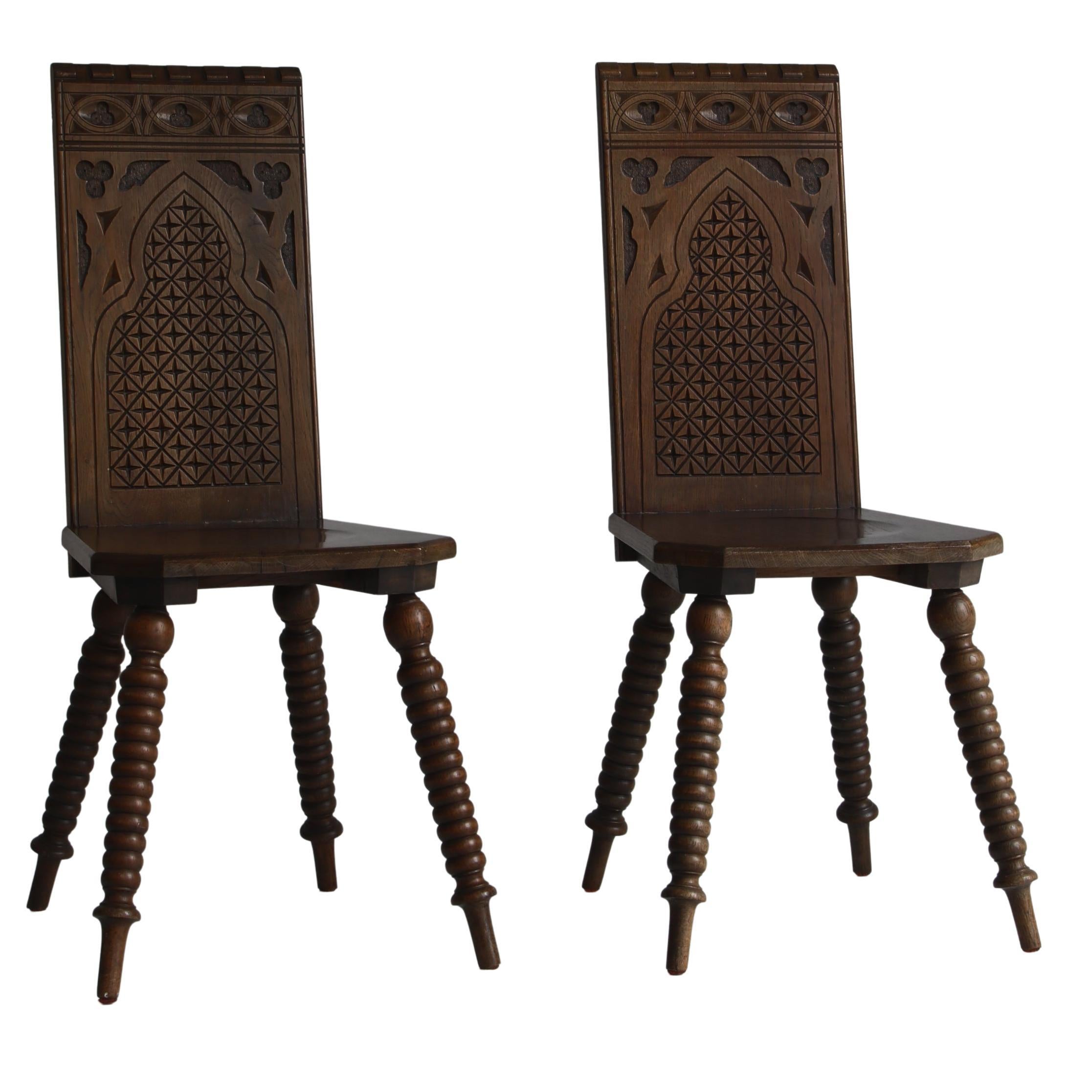 Sculptural Side Chairs in Carved Dark Stained Oak by Scandinavian Cabinetmaker For Sale