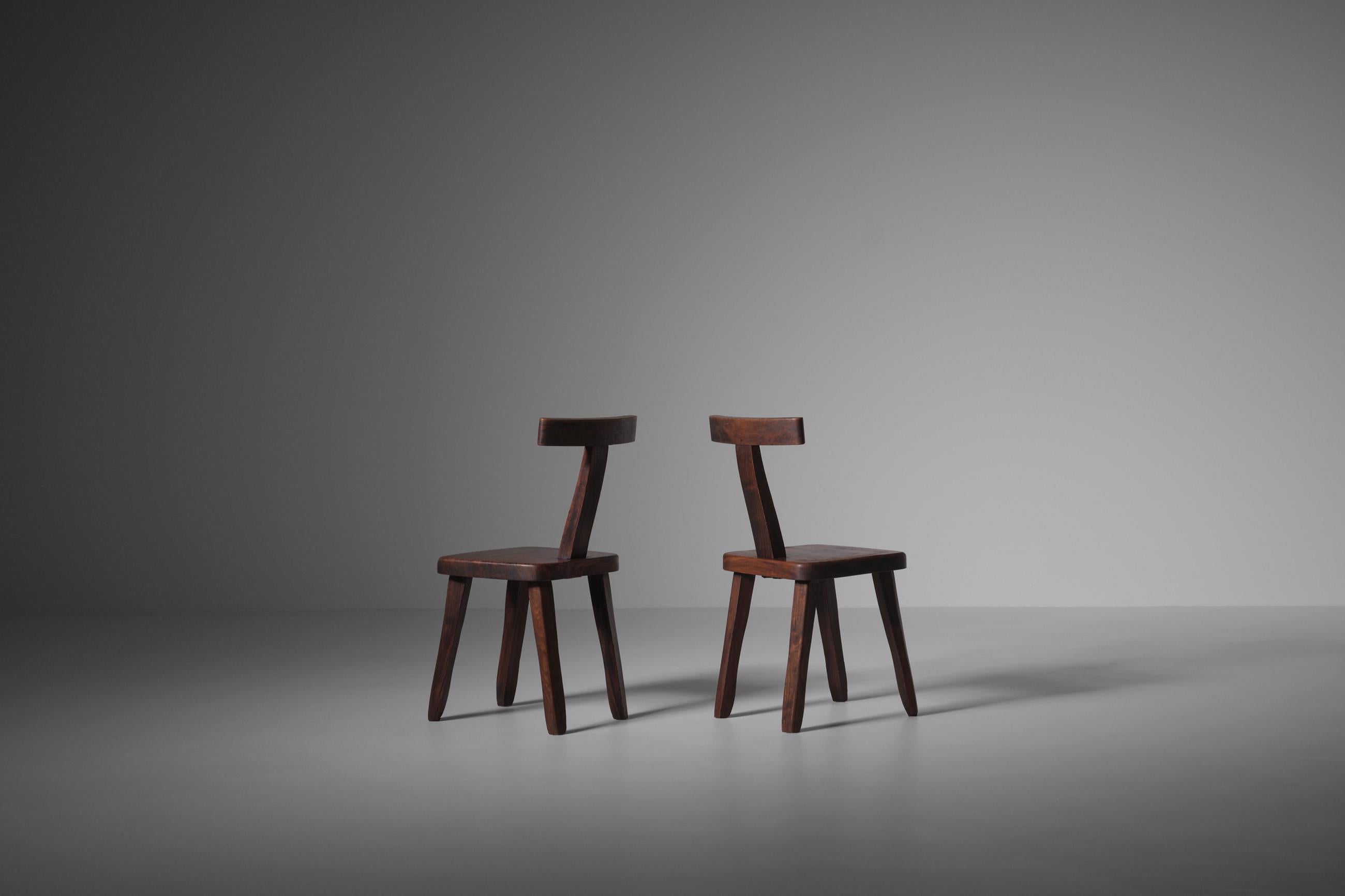 French Sculptural Side Chairs in Stained Elm