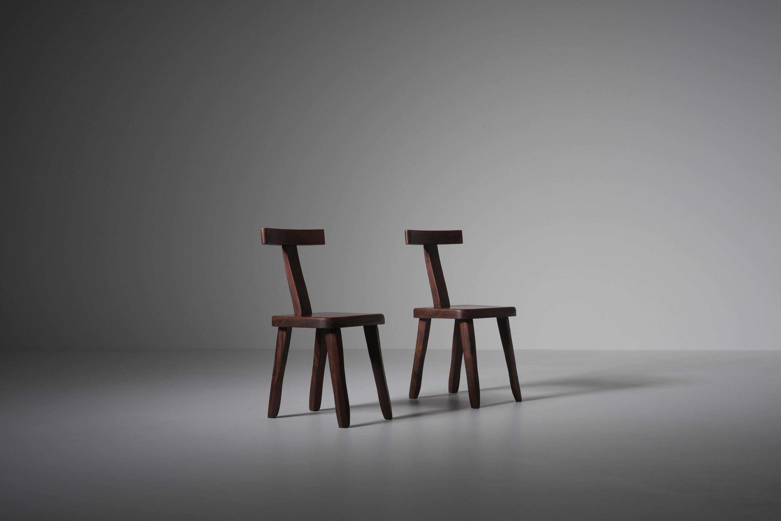 20th Century Sculptural Side Chairs in Stained Elm