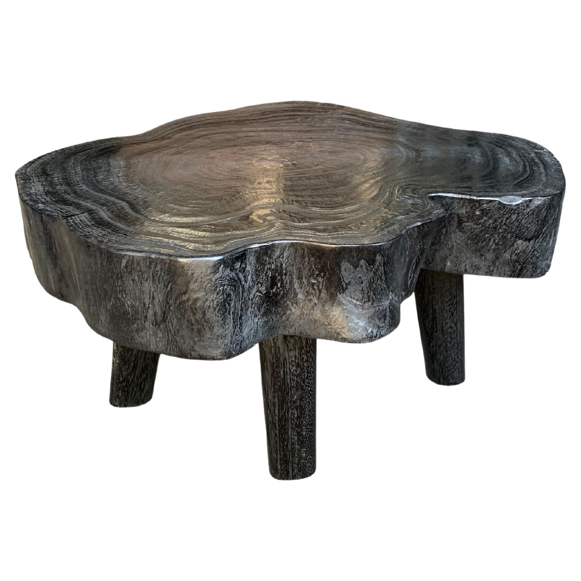 Sculptural Side Table Crafted from Mango Wood & Burnt, Black Finish For Sale