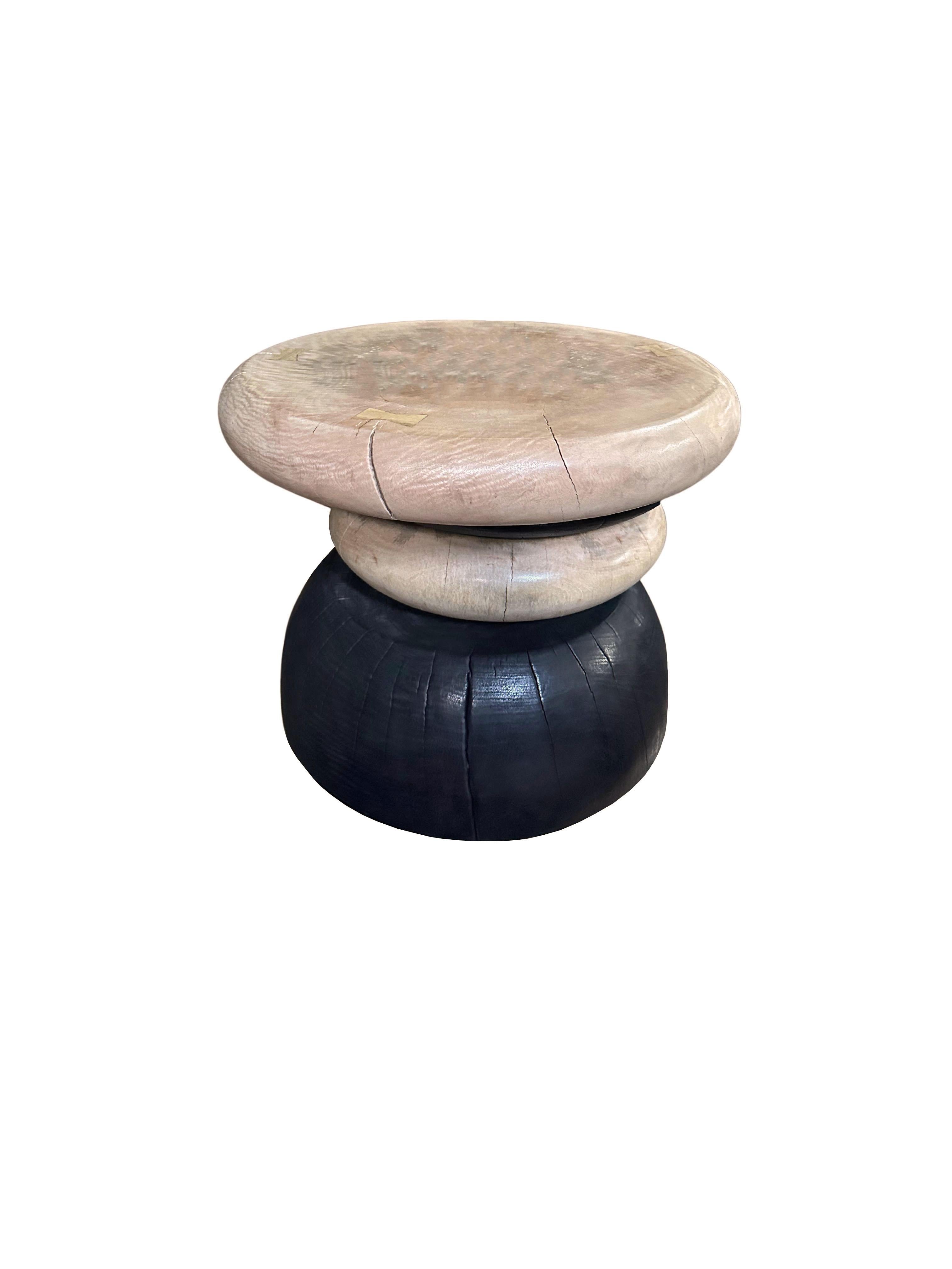 Organic Modern Sculptural Side Table Crafted from Mango Wood, Burnt & Natural Finish For Sale