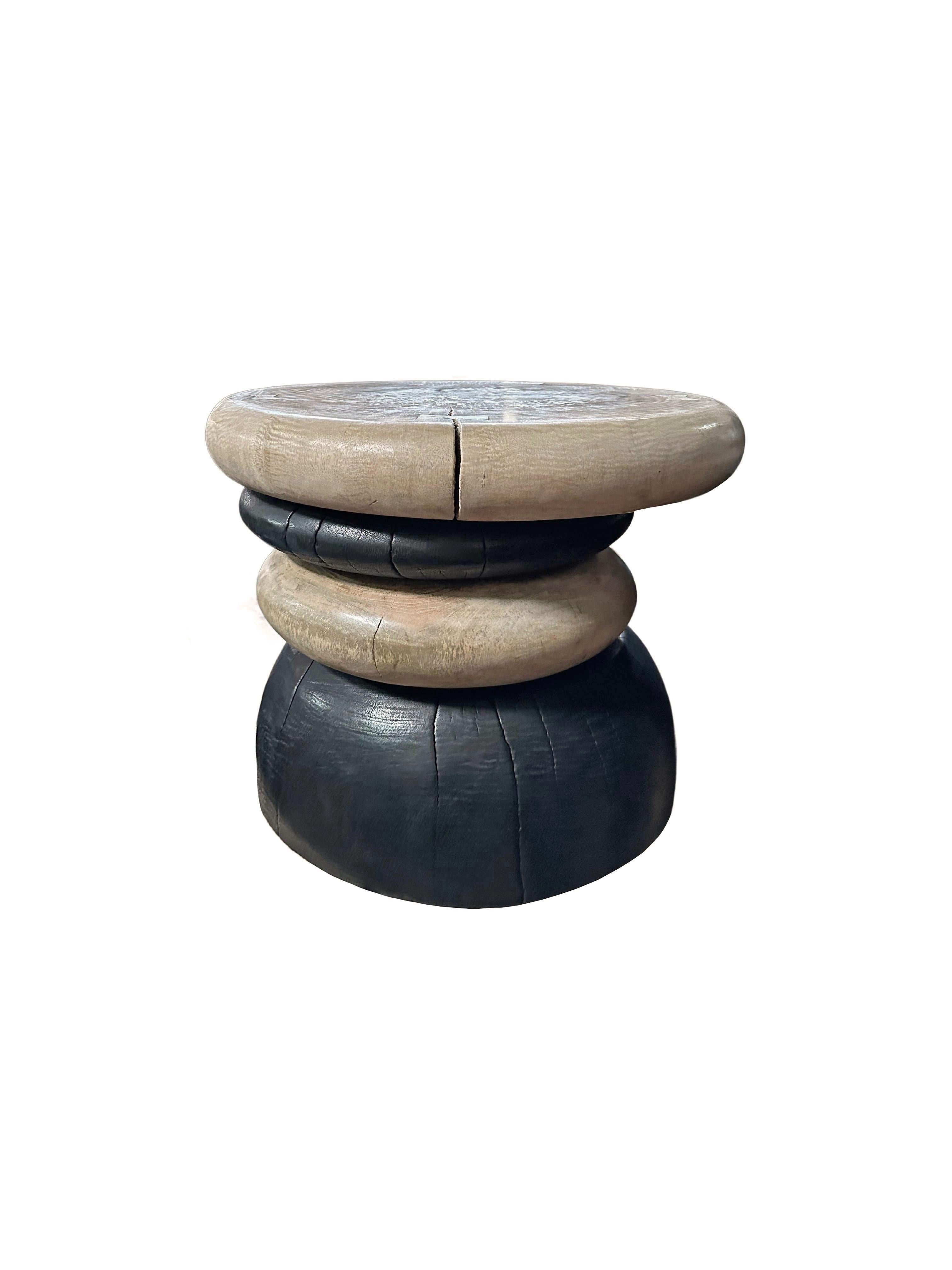 Hand-Crafted Sculptural Side Table Crafted from Mango Wood, Burnt & Natural Finish For Sale