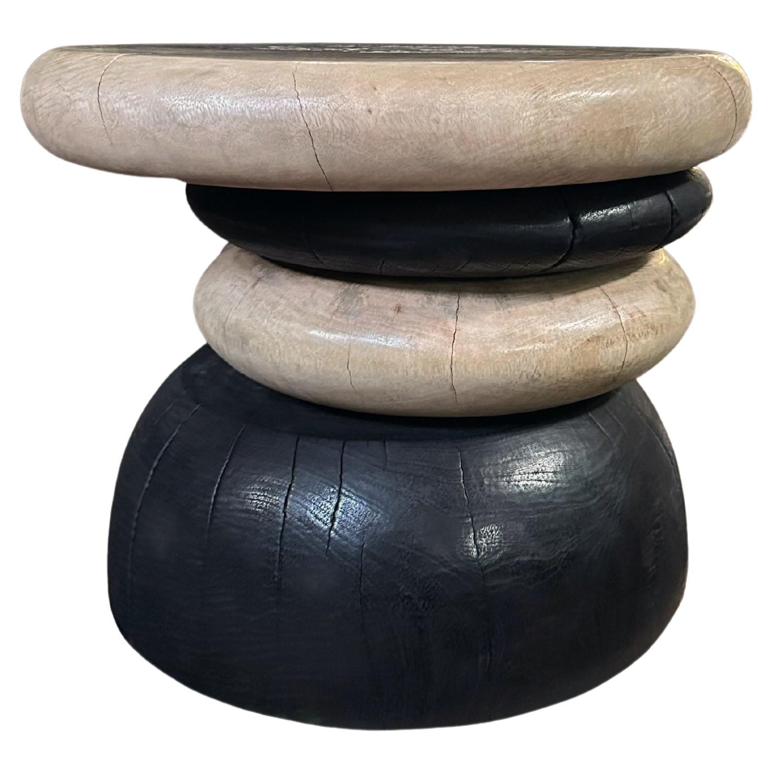 Sculptural Side Table Crafted from Mango Wood, Burnt & Natural Finish For Sale