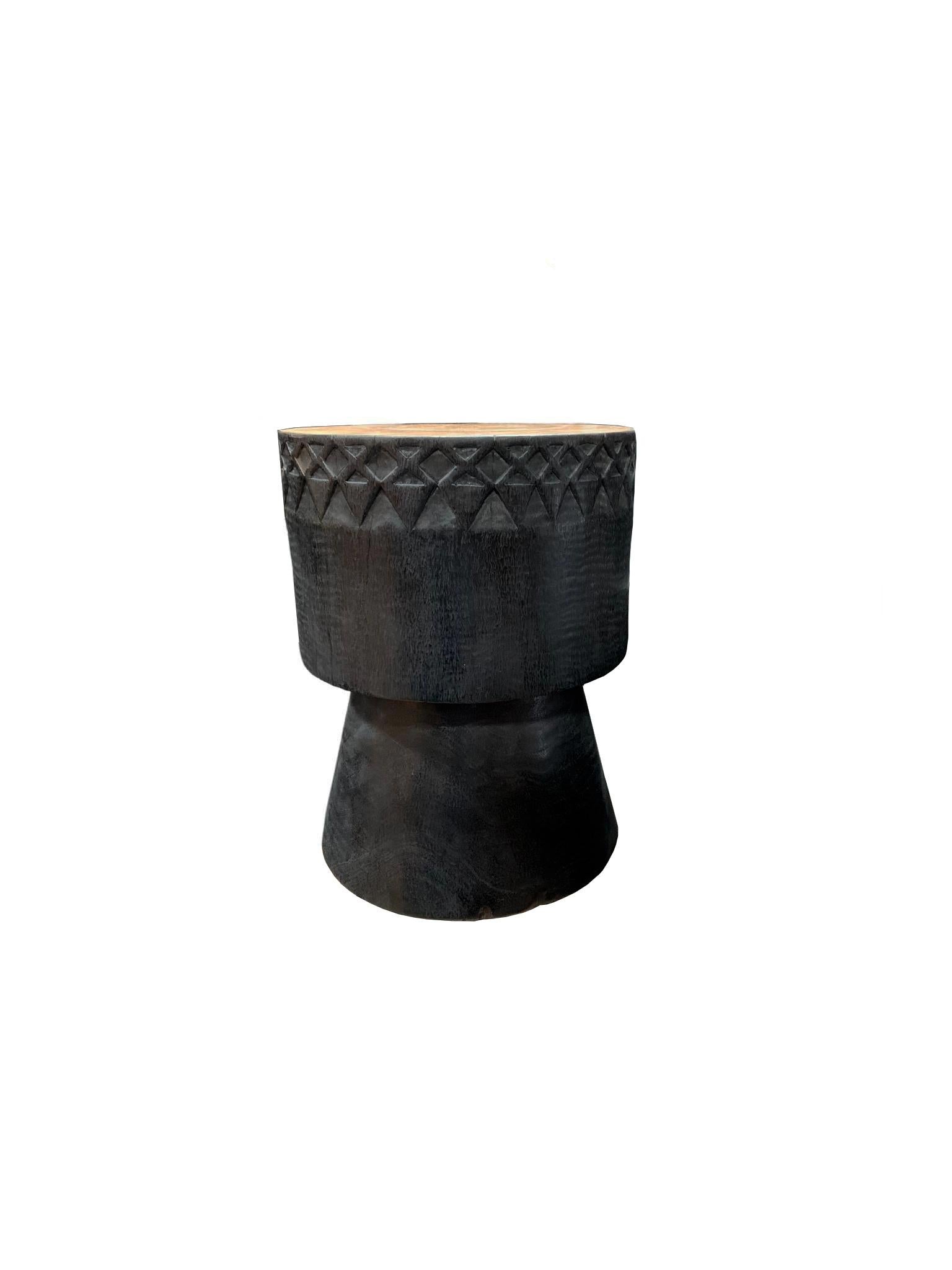 Organic Modern Sculptural Side Table Crafted from Mango Wood with Tribal Engravings For Sale