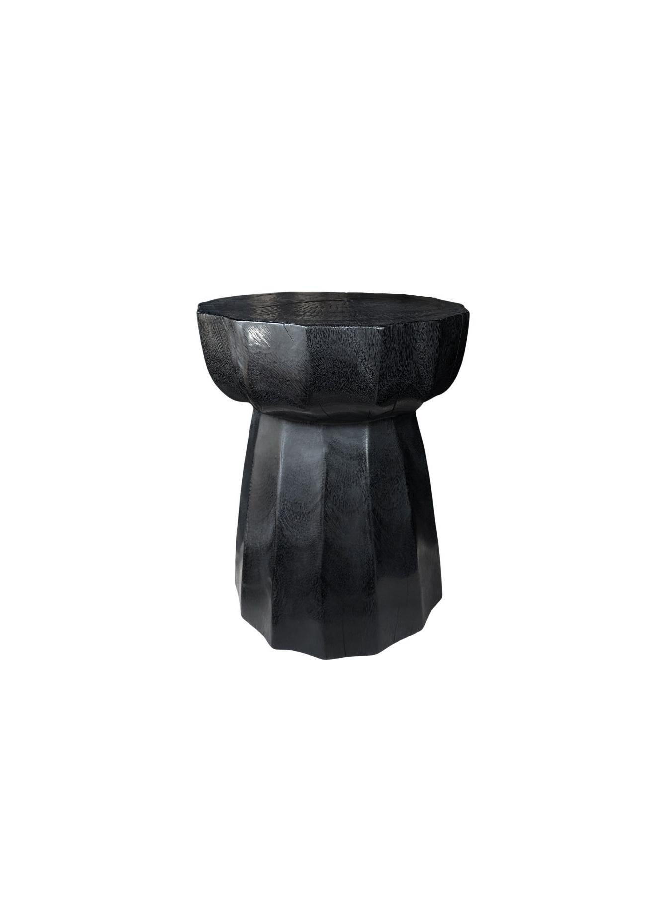 Organic Modern Sculptural Side Table Crafted from Solid Mango Wood Burnt Black Finish For Sale
