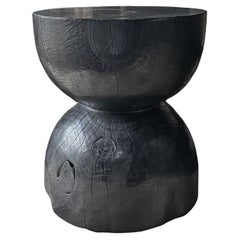 Sculptural Side Table Crafted from Solid Mango Wood Burnt Black Finish