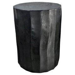 Sculptural Side Table Crafted from Solid Mango Wood Burnt Black Finish
