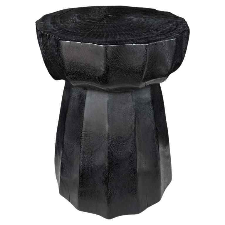 Sculptural Side Table Crafted from Solid Mango Wood Burnt Black Finish For Sale