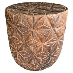 Sculptural Side Table Crafted from Solid Mango Wood Engraved Pattern