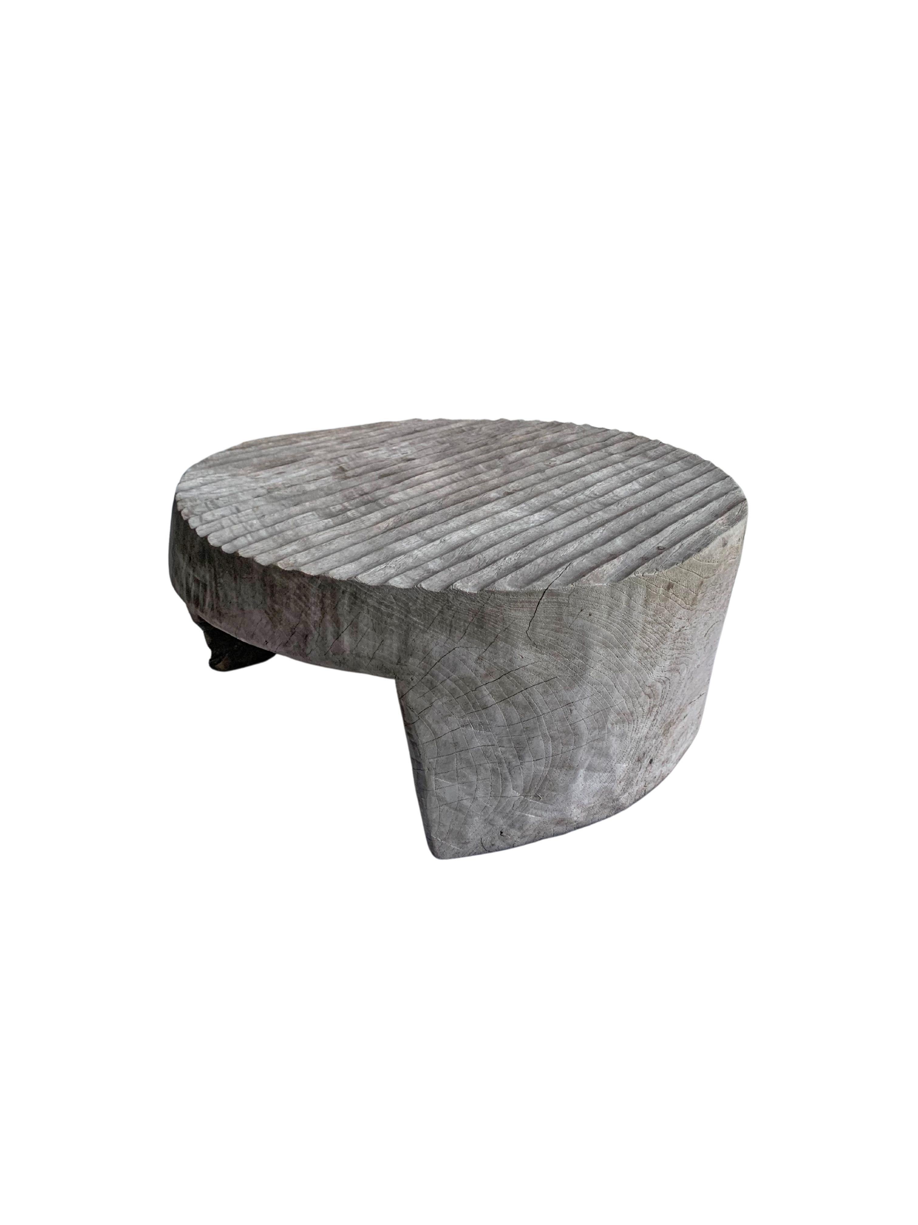 Organic Modern Sculptural Side Table Crafted from Solid Teak Wood with Ribbed Texture For Sale