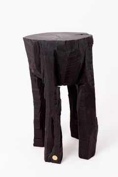 Sculptural Side Table, Rustic, Burnt Black Wood, Carved, Handmade, Logniture