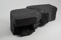 Mesa auxiliar escultórica, rústica, madera negra quemada, tallada, hecha a mano, muebles de madera