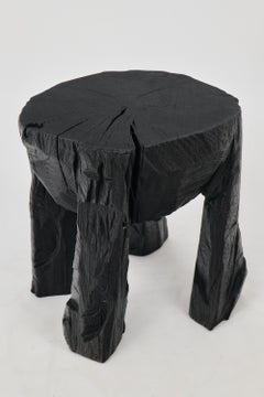 Sculptural Side Table, Rustic, Burnt Black Wood, Carved, Handmade, Logniture