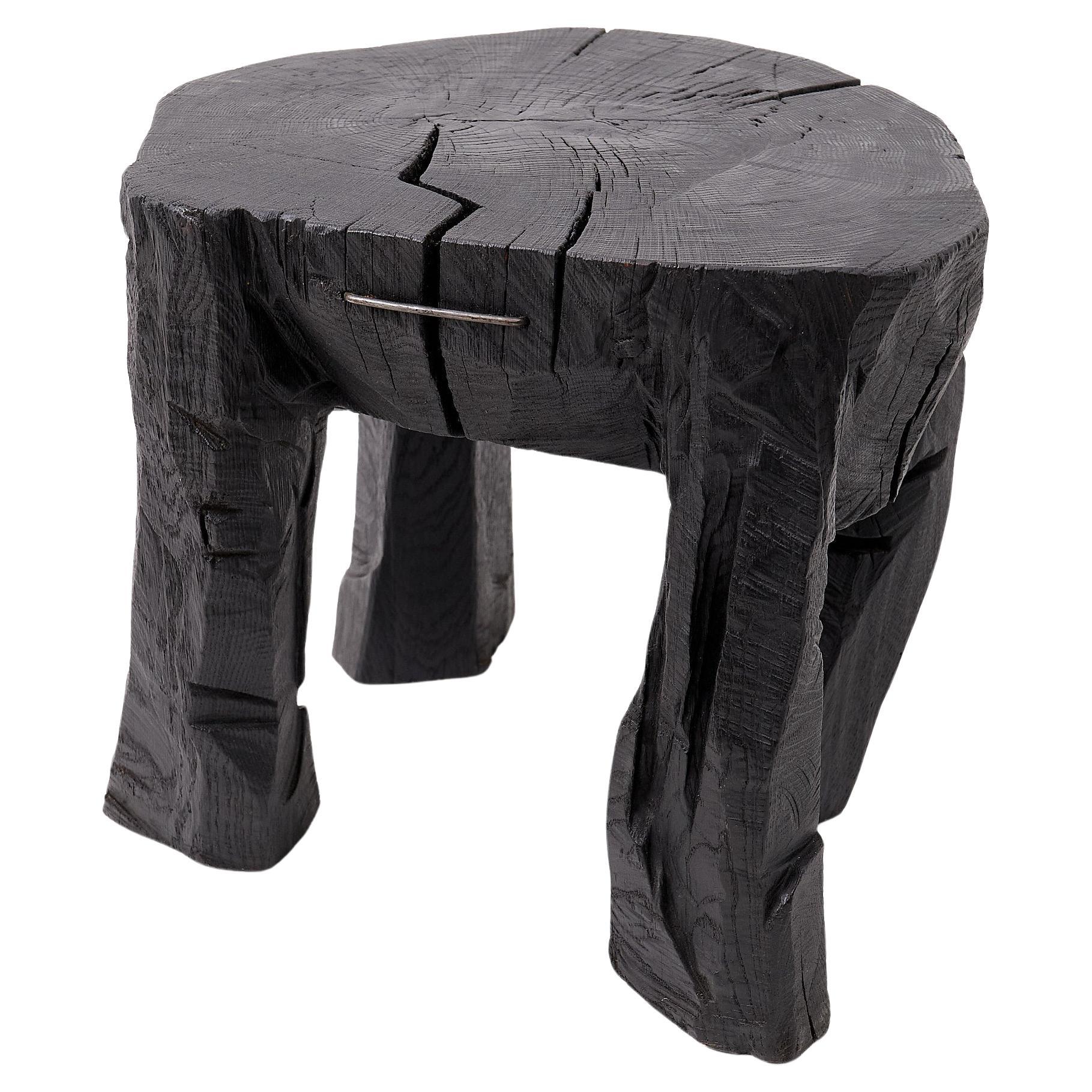 Sculptural Side Table, Rustic, Burnt Black Wood, Carved, Handmade, Logniture