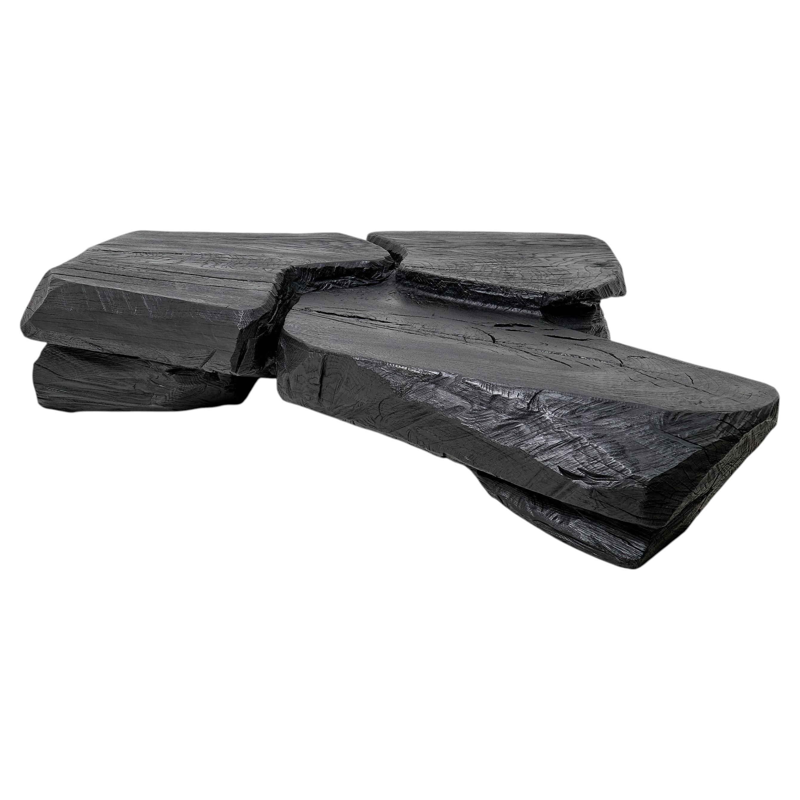 Table basse sculpturale, rustique, Burnt Black Wood, sculptée, faite à la main, Logniture