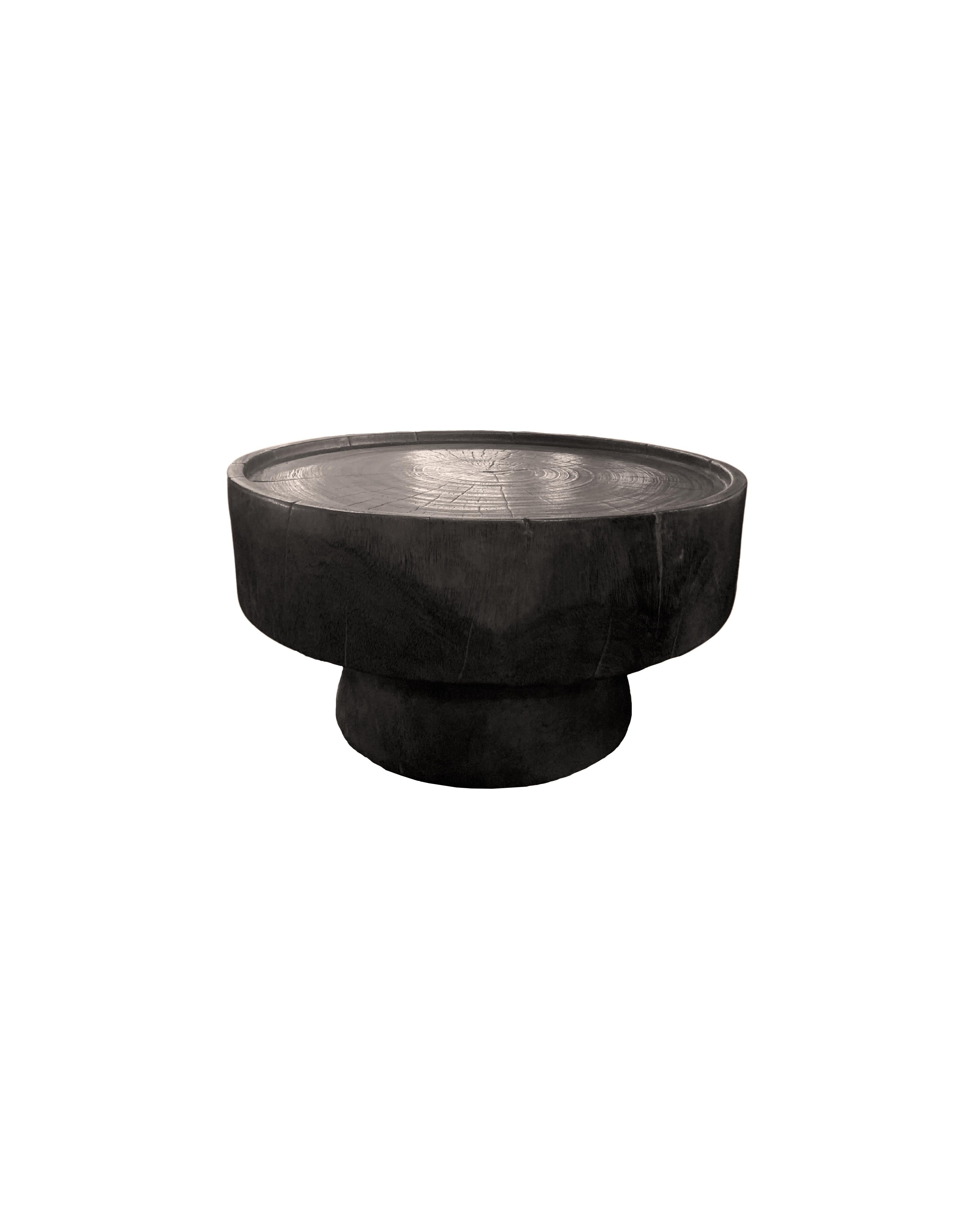Organic Modern Sculptural Round Table: Solid Mango Wood, Burnt Finish, Modern Organic For Sale