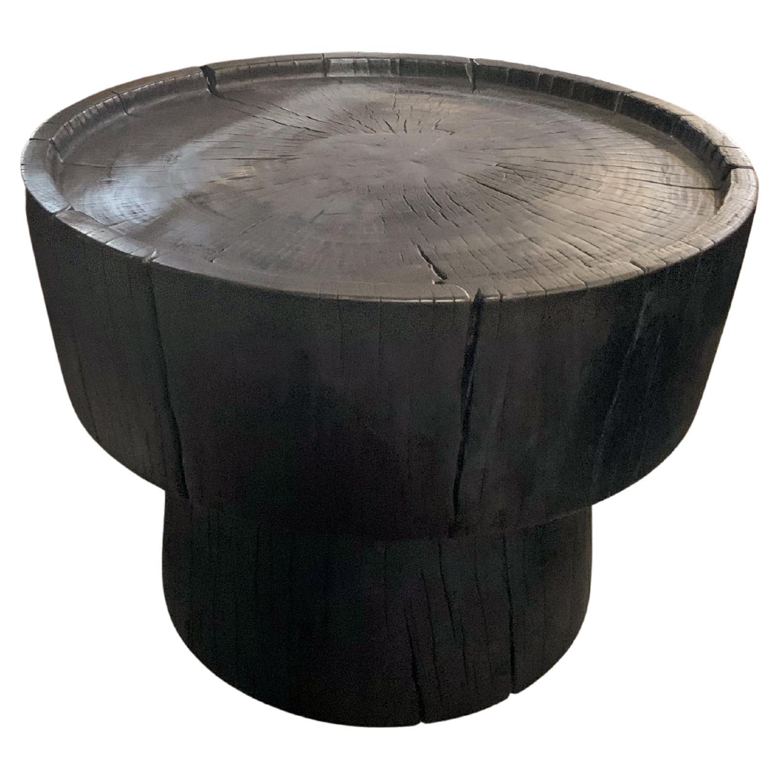 Sculptural Side Table Solid Mango Wood, Burnt Finish