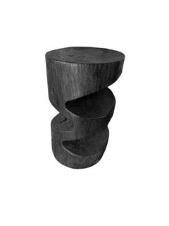 Sculptural Side Table Solid Mango Wood Burnt Finish Modern Organic