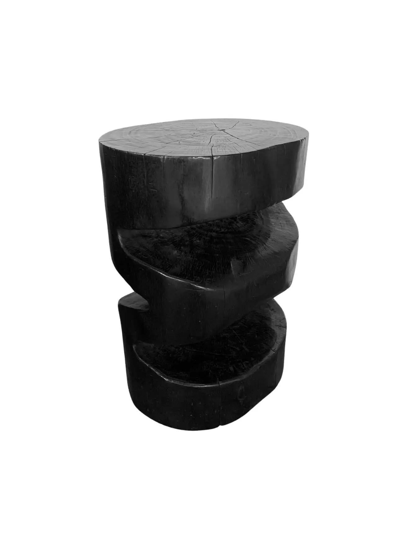 Hand-Crafted Sculptural Side Table Solid Mango Wood Burnt Finish Modern Organic For Sale