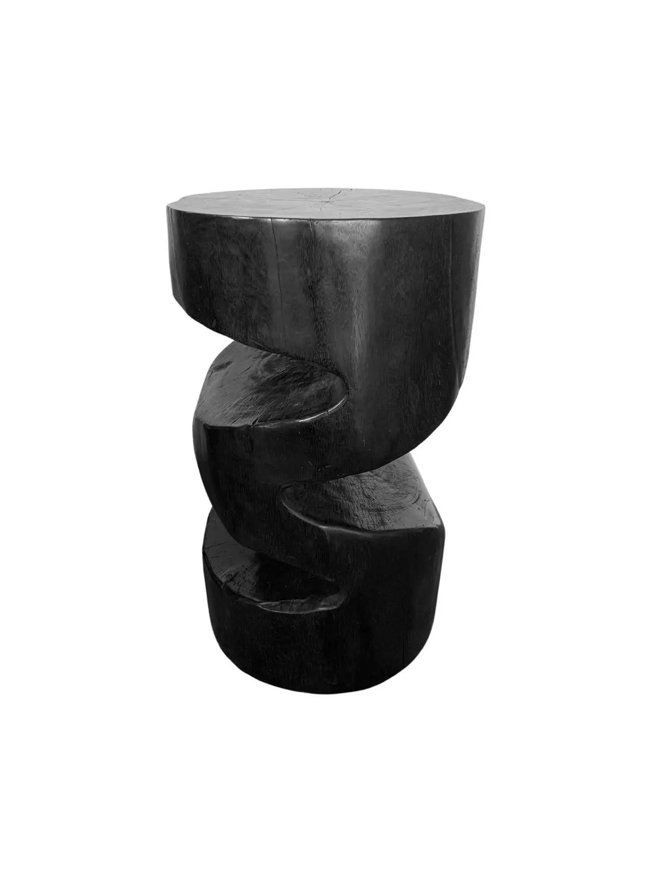 Contemporary Sculptural Side Table Solid Mango Wood Burnt Finish Modern Organic For Sale