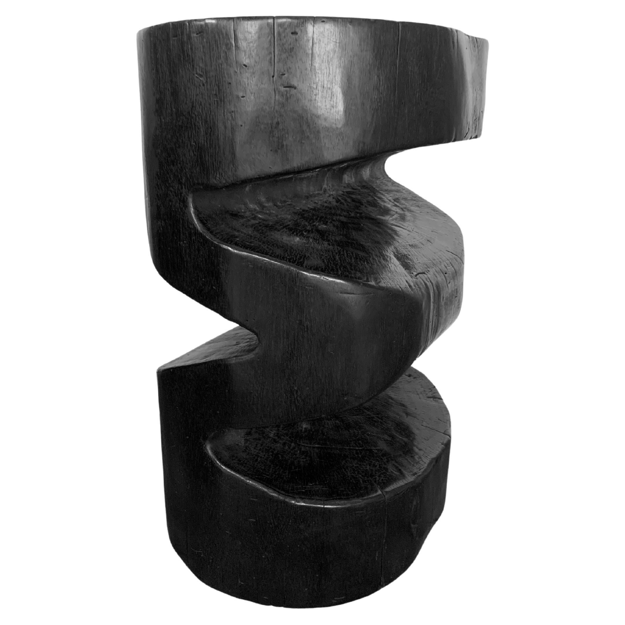 Solid Sculptural Mango Wood Side Table Burnt Finish Modern Organic For