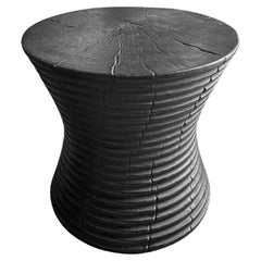 Sculptural Side Table Solid Mango Wood, Burnt Finish with Ribbed Detailing