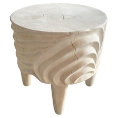 Sculptural Side Table Solid Mango Wood, Carved Detailing & Bleached Finish